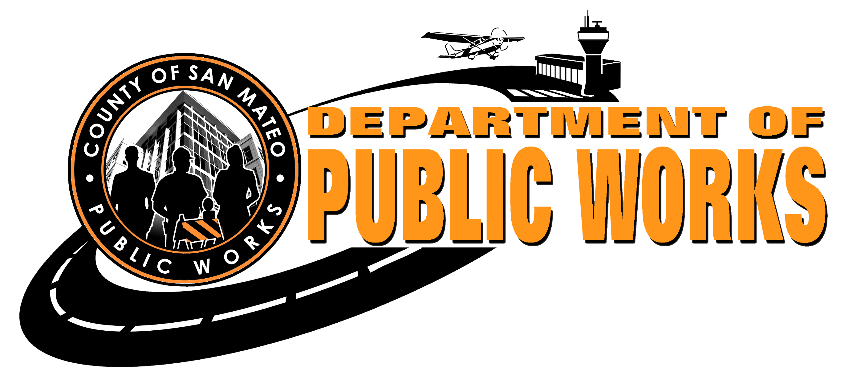 Logo of the San Mateo County Department of Public Works featuring silhouettes, a building, and an airplane.